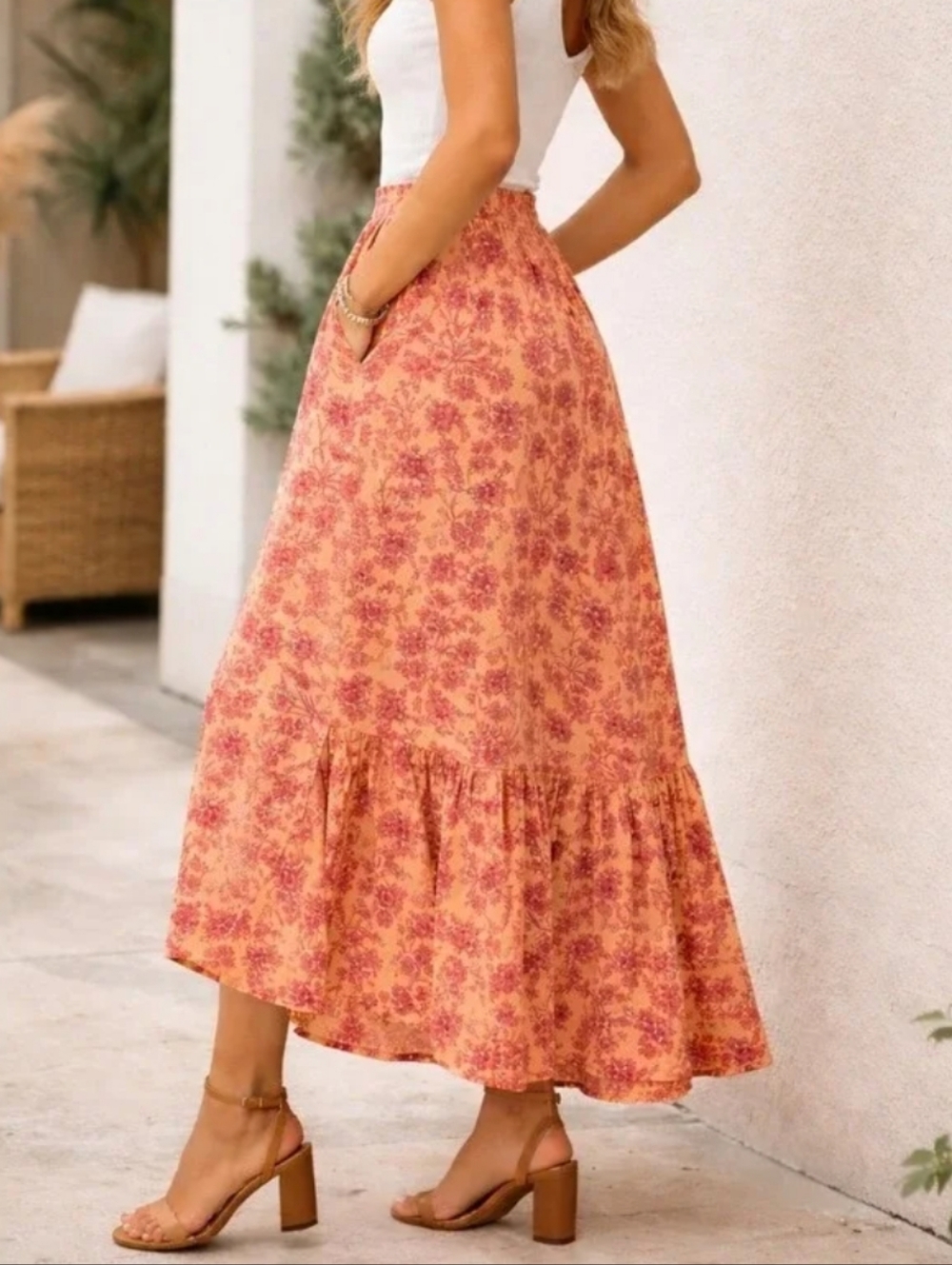 NWT Lauren Lane x Sonoma Floral High-Low Maxi Skirt W Pockets Orange Pink XXL